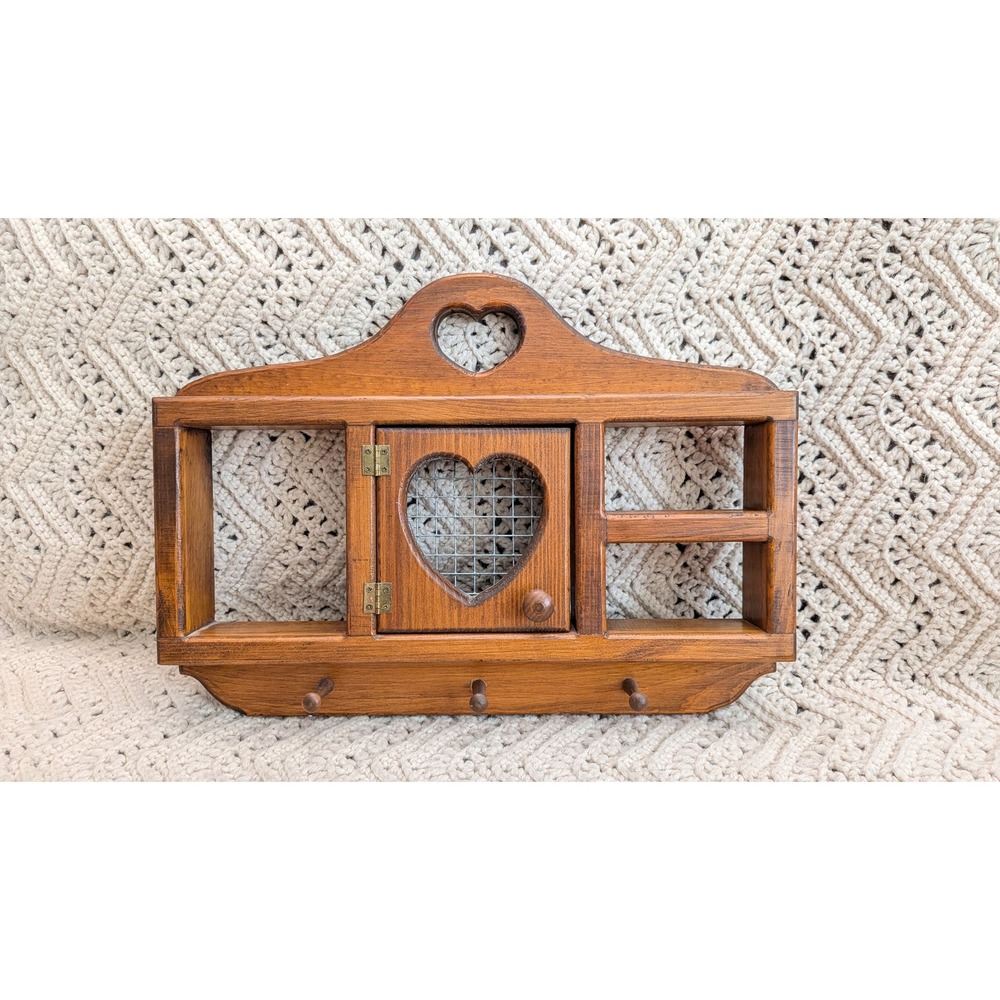 Vintage Wood Heart Wall Shelf Cabinet Organizer with Pegs Rustic Farmhouse Decor